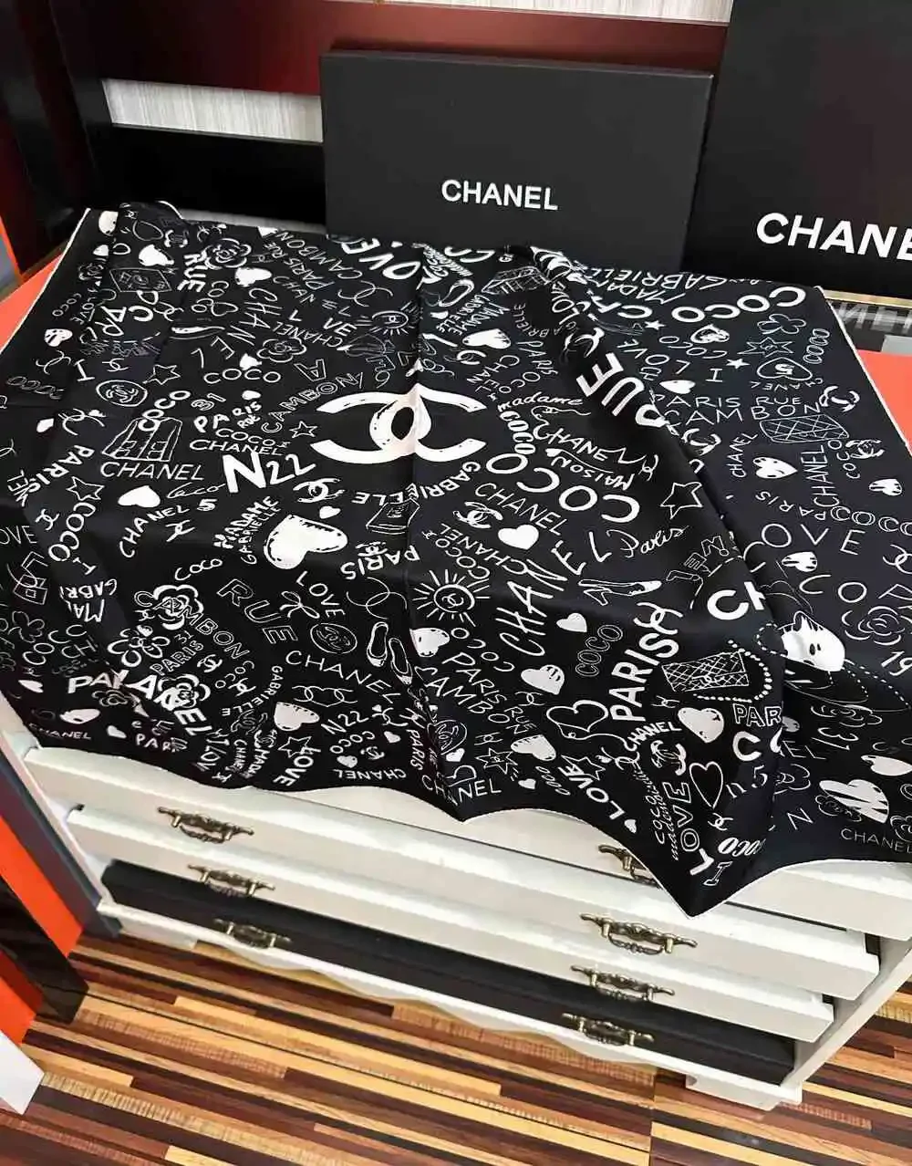 CHANEL Graffiti Print Silk Square Scarf 90×90cm